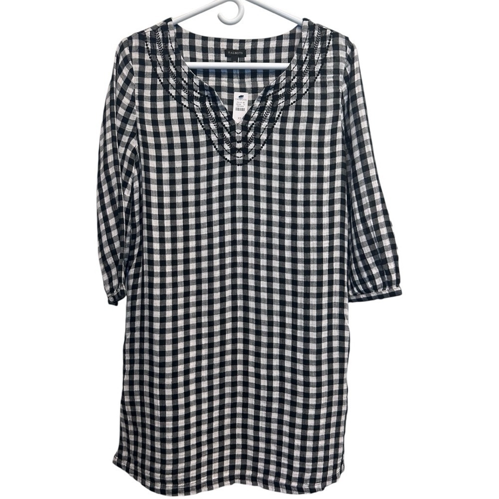 Talbots Black & White Gingham Dress Long Sleeve Embroidered Neckline Size XS NWT